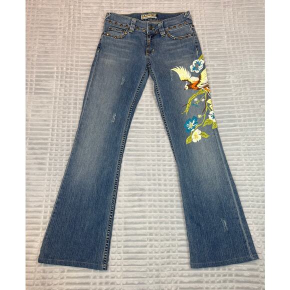 Allen B Women's  Embroidered Bird Floral Festival Studded Flare Jeans Size 28 - Picture 1 of 10